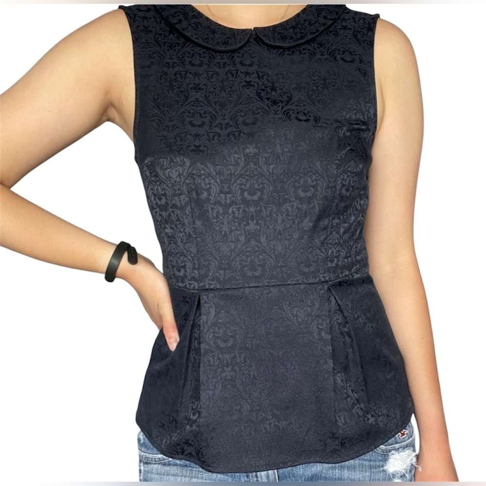 J. Crew Jacquard Brocade Navy Peplum Blouse Top Peter Pan Collar Size 2